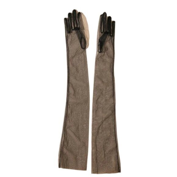 BLACK Mesh Long Opera Ruched Over The Elbow Gloves NEW - Picture 2 of 6